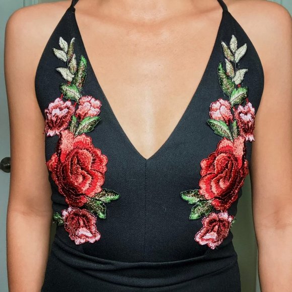 Black Romper with Floral Patchwork - Picture 3 of 5